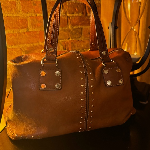 Michael Kors Astor Studded Leather Satchel Bag Camel Gold Hardware - Picture 1 of 1